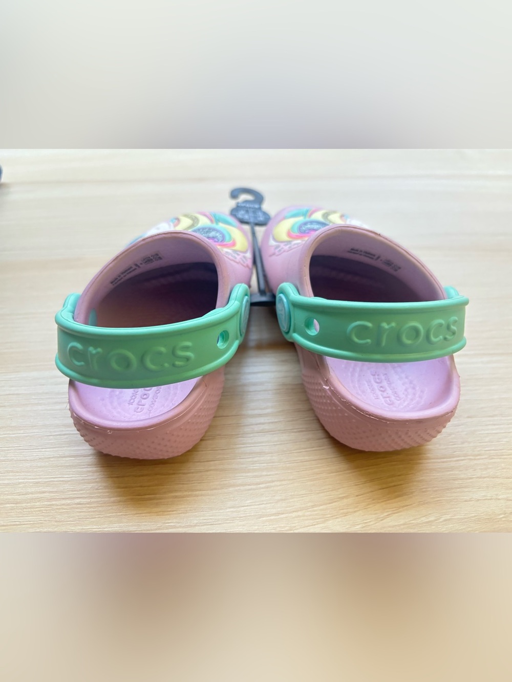 CROCS Kids Pink Clogs with Mint Green Heel Strap and Rainbow Accent